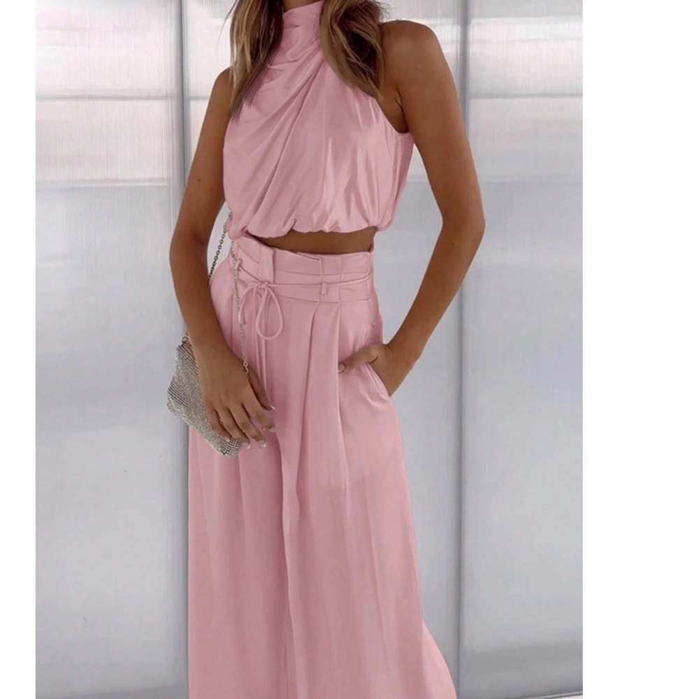Classic Solid One Shoulder Wide leg Pants Set - Picture 3 of 7